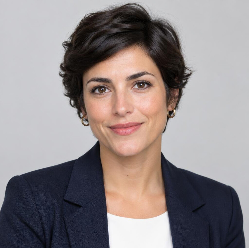 Studio portrait of a Portuguese woman journalist with short dark hair