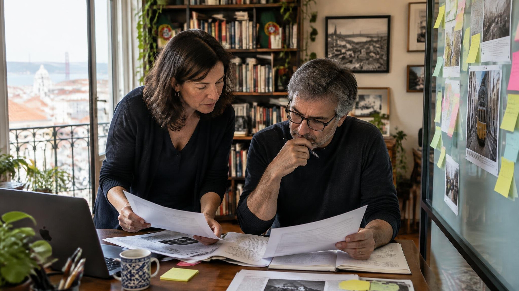 Small independent newsroom office with editors reviewing printed documents