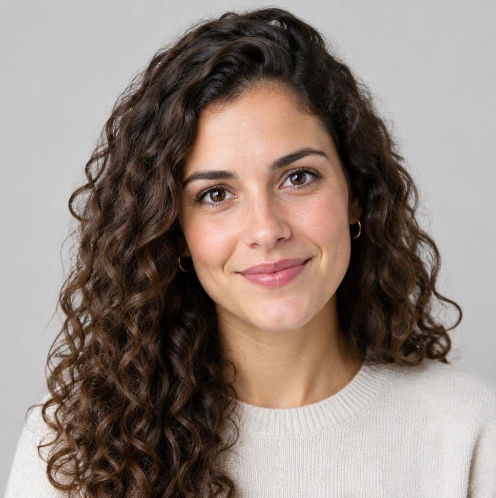 Studio portrait of a young Portuguese woman researcher with curly hair