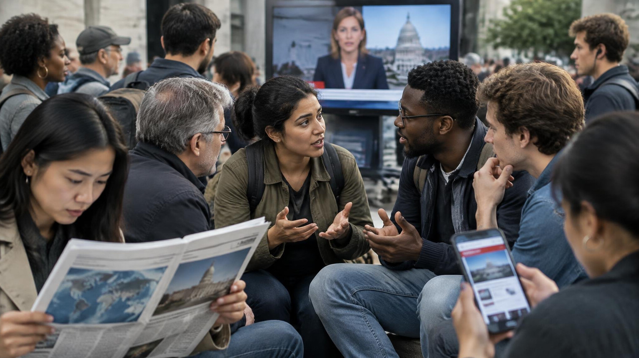 crowd discussing news