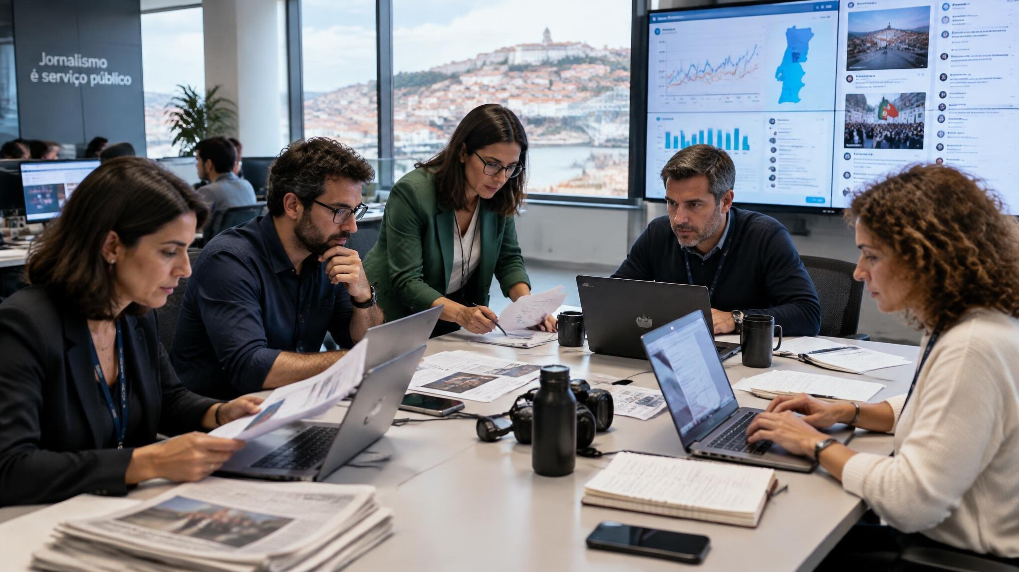 Diverse team of Portuguese journalists analyzing documents and screens in a modern newsroom