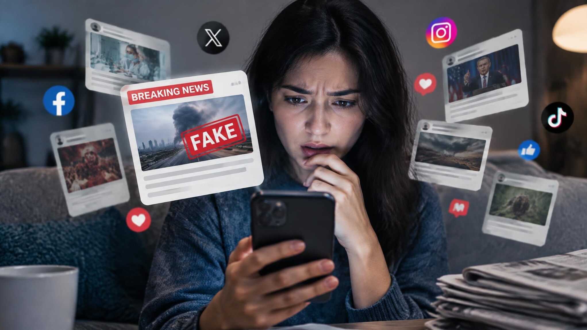 person reading fake news on phone